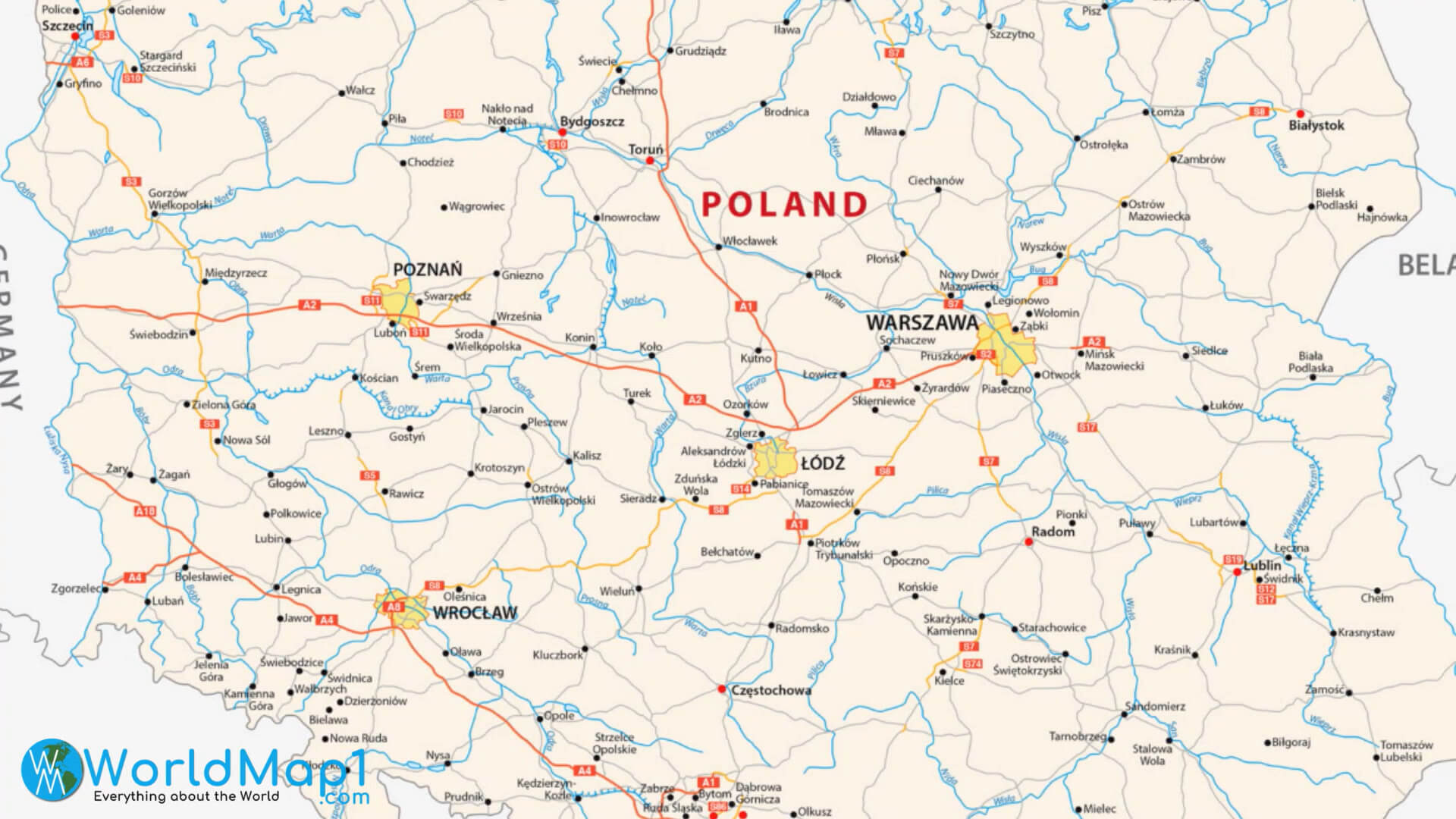 Warschau Karte mit Poznan Lodz und Wroclaw